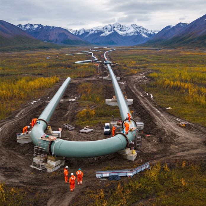 A large natural gas pipeline being constructed through a snowy Alaskan landscape.