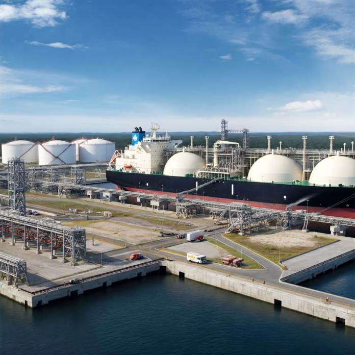 A large LNG tanker ship docked at a modern export terminal. The ship's distinctive spherical tanks are visible in the foreground, with the terminal's storage tanks and loading arms in the background.